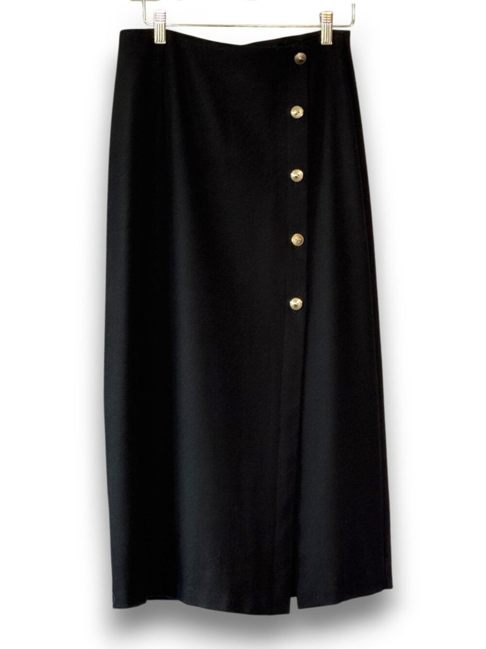 The New York Clothing Co Black Wool Midi Skirt Silver Buttons Size 9 Late 80s